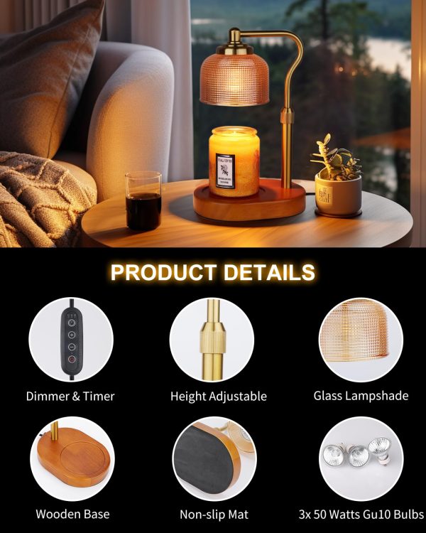 Candle Warmer Lamp Electric Candle Warmer with Timer Dimmable Candle Lamp Warmer with 3 Bulbs Height Adjustable Wax Melt Warmer for Bedroom Home Decor, Amber Gold - Image 3